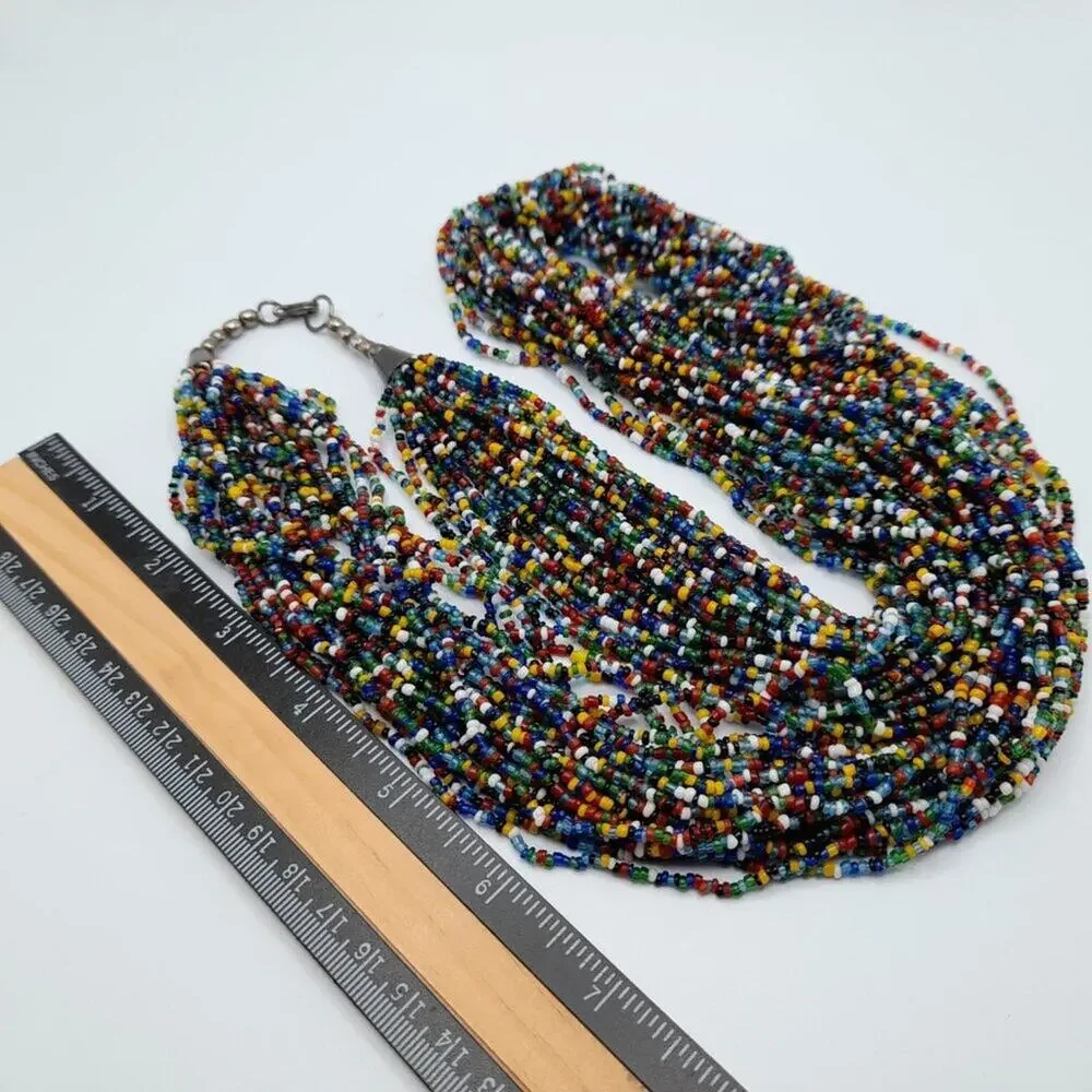 Vintage Multi-strand Glass Bead Necklace, Bohemian 28 Strands, 33 Inches